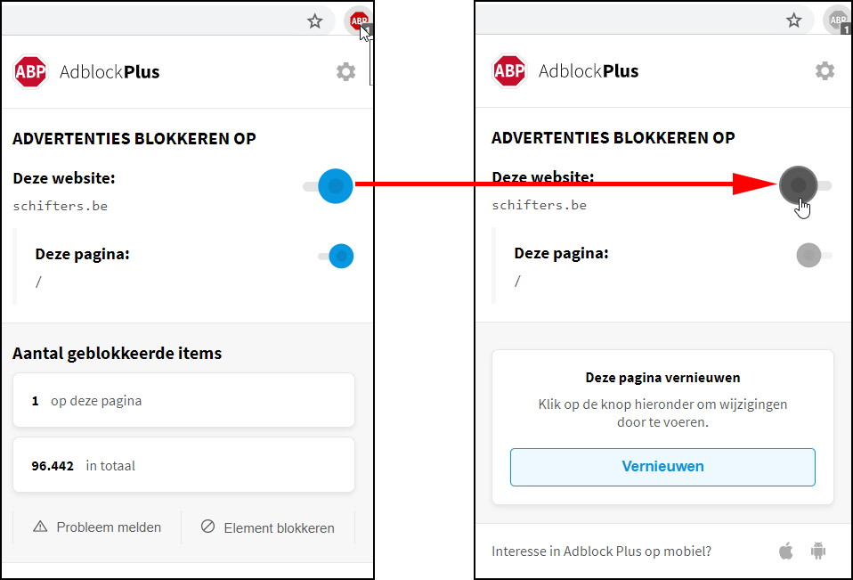 Advertenties blokkeren uitschakelen.