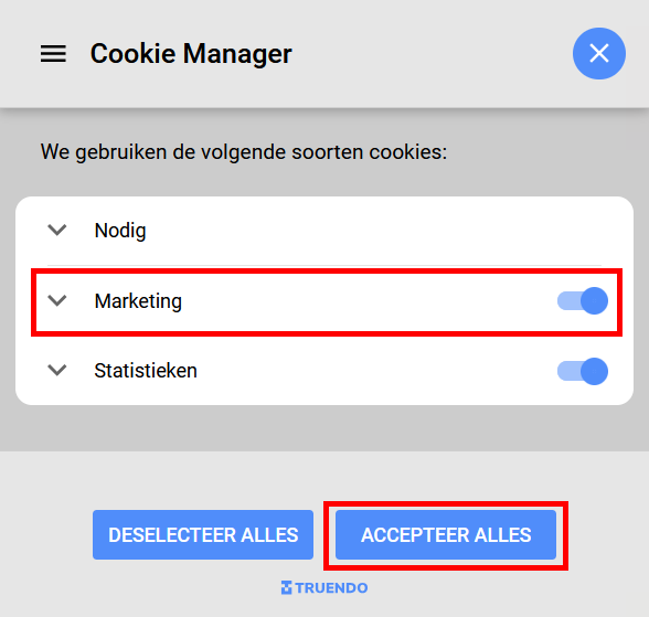 Cookie manager: activeer marketing